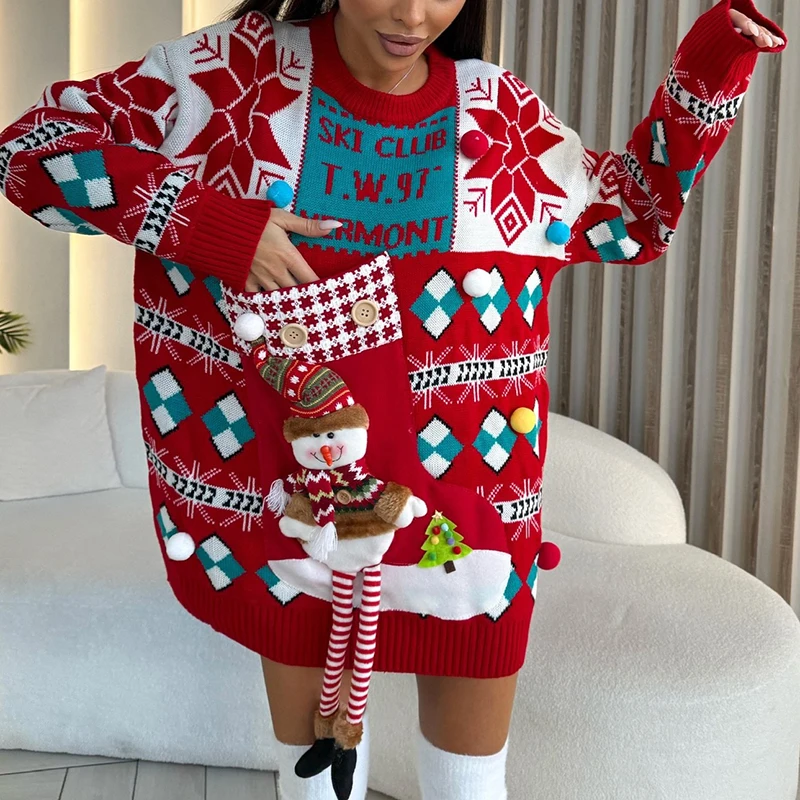 Элегантный фестивальный свитер с круглым вырезом зима 2024 рождественские вязаные