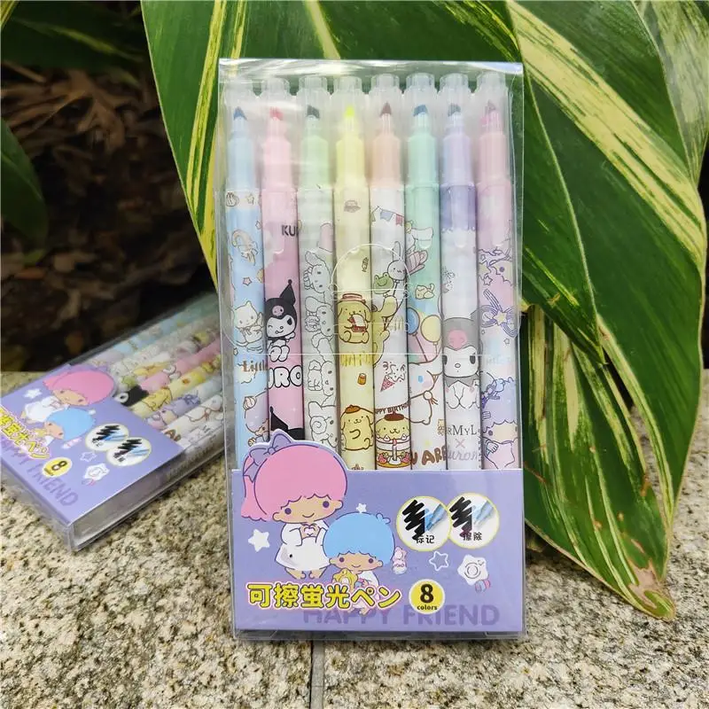 

Kawaii Sanrio Kuromi Cinnamoroll Pompompurin Little Twin Star Fluorescent Pen Marking Pen Erasable 8 Colors Girl Christmas Gift