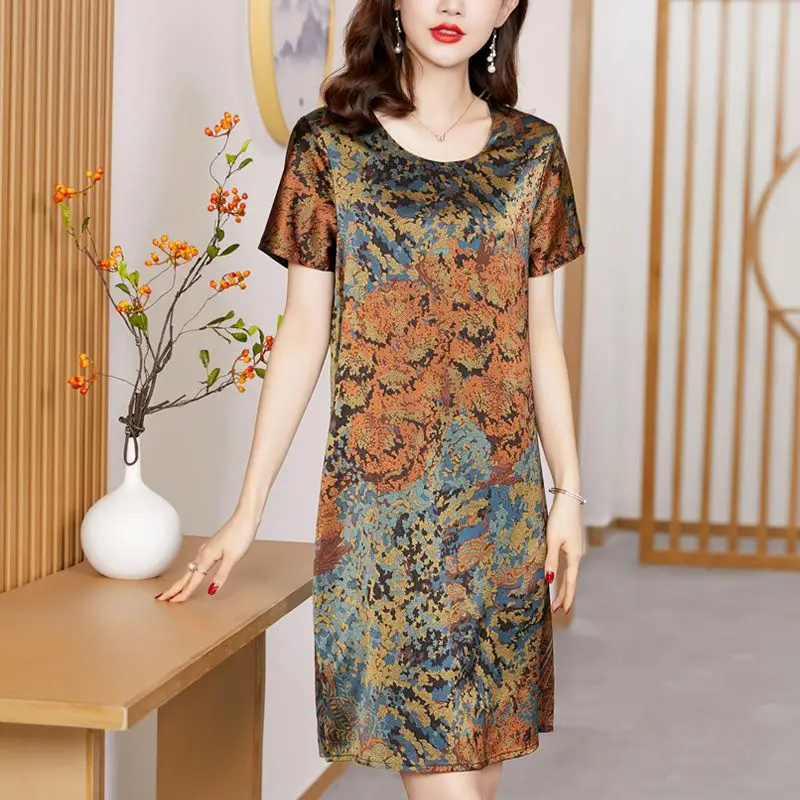 

Женское повседневное платье, Новинка лета 2023, свободное модное атласное платье с круглым вырезом и принтом, подходящее ко всему, женская одежда, топы