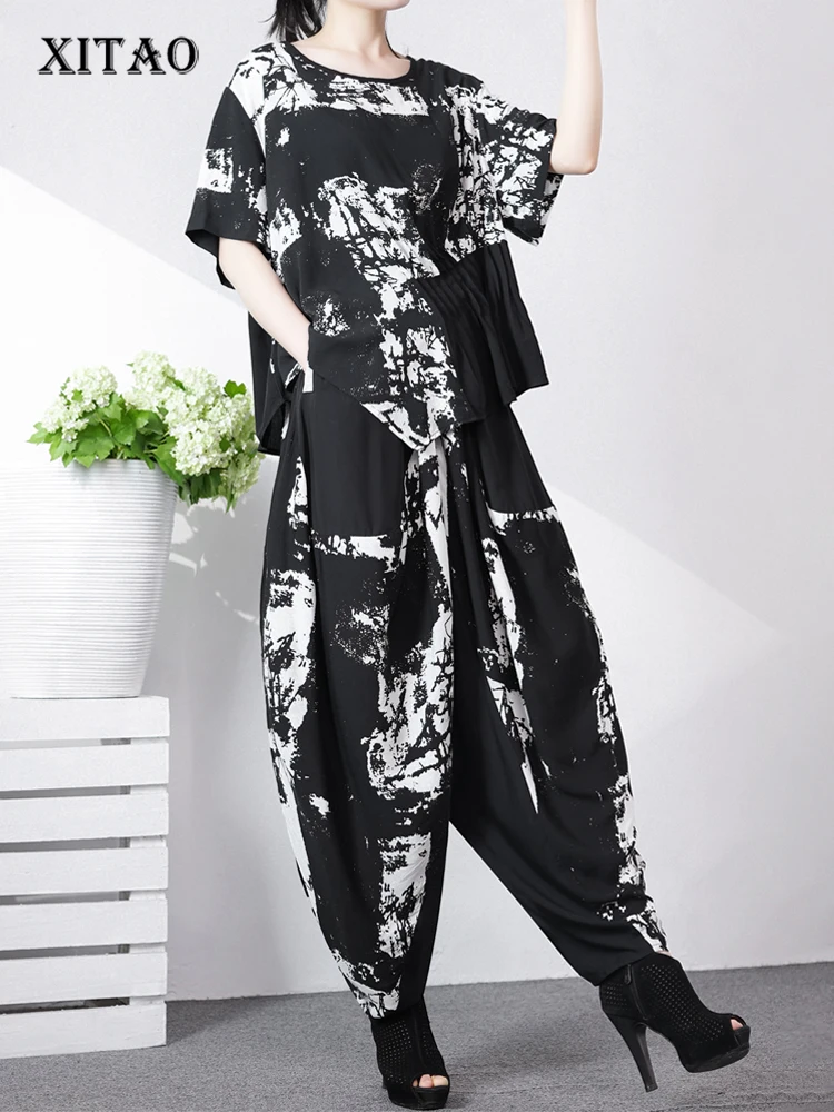 

XITAO Irregular Folds Pants Sets Loose Fashion Personality Contrast Color Top Harm Pants Two Pieces Sets 2023 Summer New HQQ0735