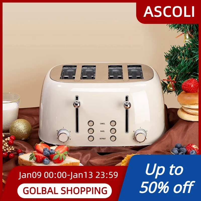 

4-х ломтиками ретро-тостеров ASCOLI из нержавеющей стали с функцией отмены мешка и разморозки, 6 режимов оттенка, крем