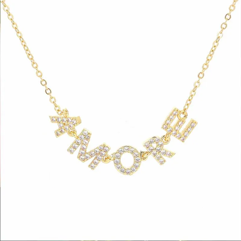 

Newest AMORE Letter Word Necklace Paved White Cubic Zirconia collares de moda Delicate Women Jewelry Gift for Anniversary