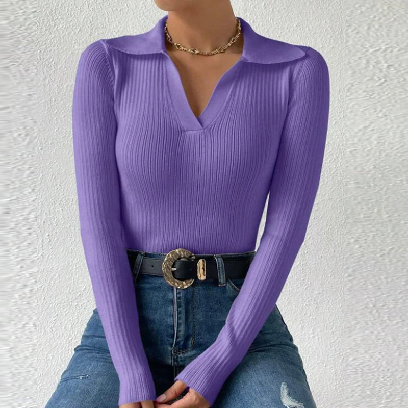 Женский трикотажный свитер с V-образным вырезом и длинным рукавом