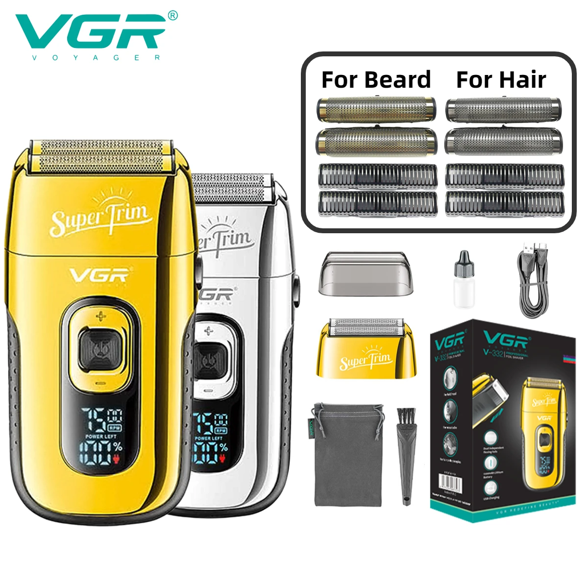 

VGR Beard Shaver Professional Hair Trimmer Rechargeable Face Shaver LED Display Cordless Safety Men's Electric Face Shaver V-332