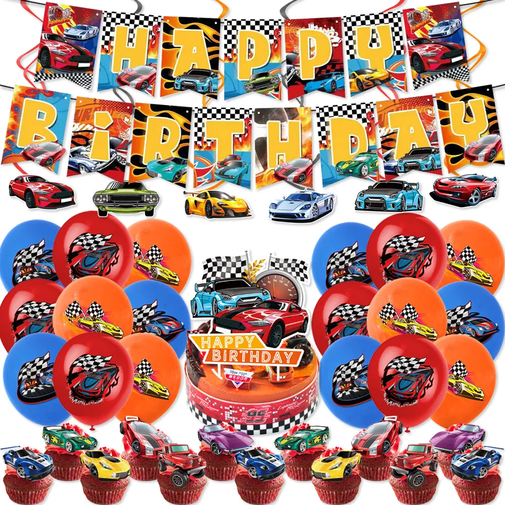 64Pcs Racing Car Birthday Party Supplies Baby Shower Disposable Tableware Sets  Disposable Plates Cups Flags