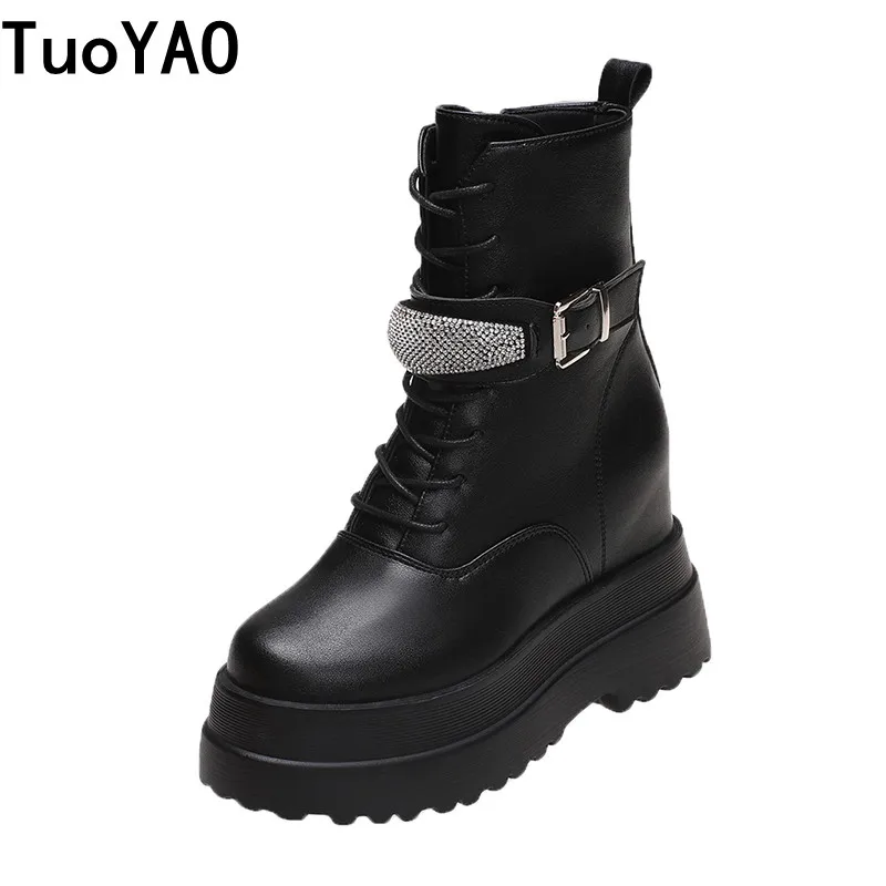 

Autumn Ankle Boots Winter Women's High Platform Leather Boots Bling Chunky Sneakers 10CM Wedge Motorcycle Boot Botas De Mujer