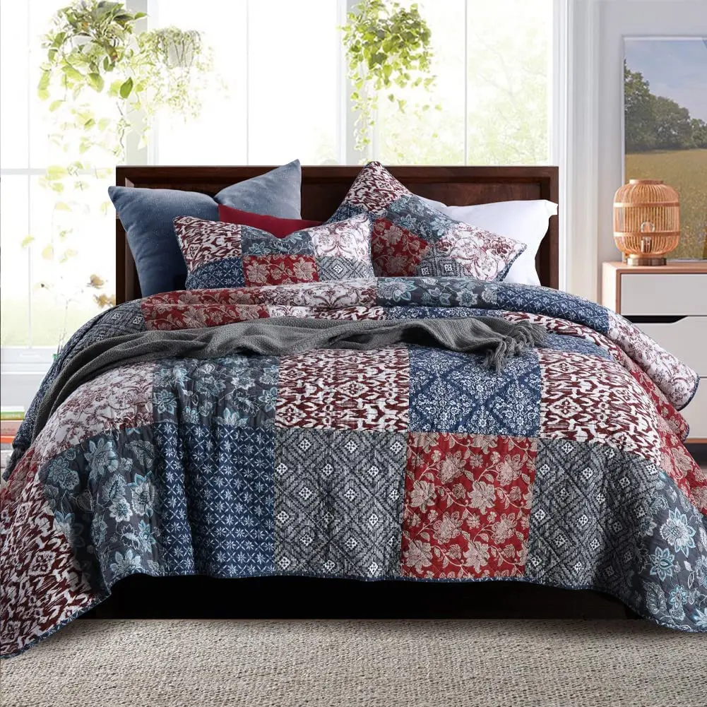 

Cotton Bedding Set (98*106 Inch) with 2 Pillow Shams,Patchwork Reversible Lightweight Bedspread,Quilted Coverlet Fit All-Season