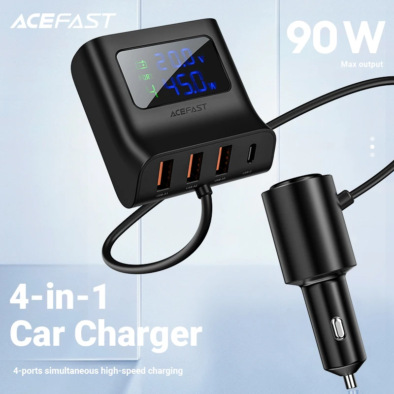 Зарядное устройство ACEFAST автомобильное с 4 USB-портами и светодиодный тметром 90 Вт |