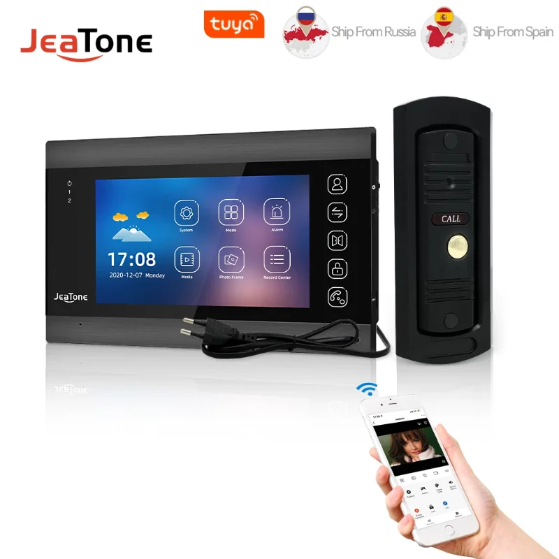 Jeatone WiFi Tuya 7''Black Video Door Phone Intercom System with 720P/AHD Wired Doorbell Camera Remote Unlock Motion Detection