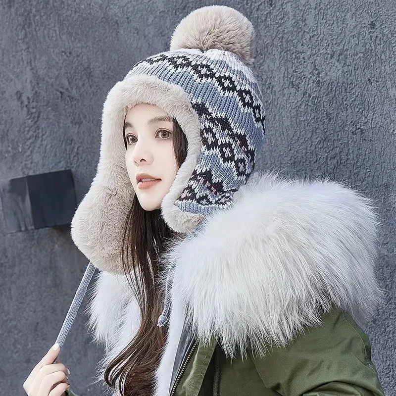 

Ethnic Style Woman Knitting Warm Earflap Hat with Pompom Winter Outdoor Cycling Skiing Mink Hair Hunter Bomber Hat Ushanka Cap