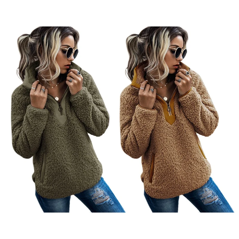 

2 Pcs Women Sherpa Sweater Teddy Fleece Pullover Half Zipper Sherpa Fleece Tops M Size Green & Camel
