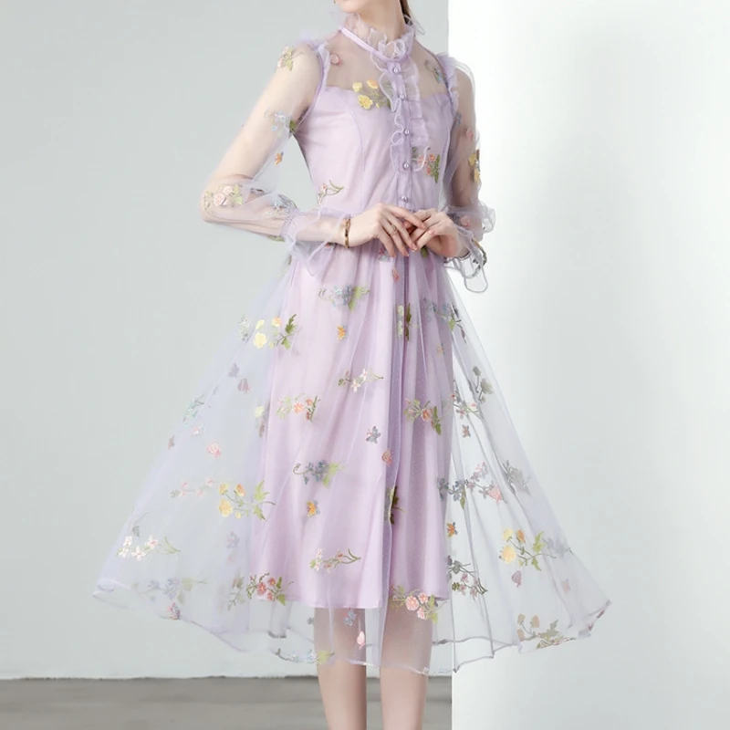 

2023 Summer New Women's Dress Casual Fashion Versatile Ruffle Edge Mesh Embroidery Round Neck Slim Fit Free Shipping