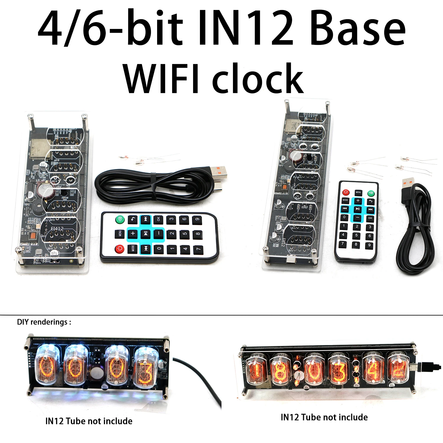 Фото Часы Nixie IN12 (4/6-битные) с трубками IN-12, Wi-Fi, будильником, отображением времени (12/24 часа), температуры, дистанционным управлением, питанием Type-C №1