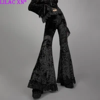 y2k gothic black flare pants vintage aesthetic velvet high waist trousers elegant sexy lace long pants for women streetwear