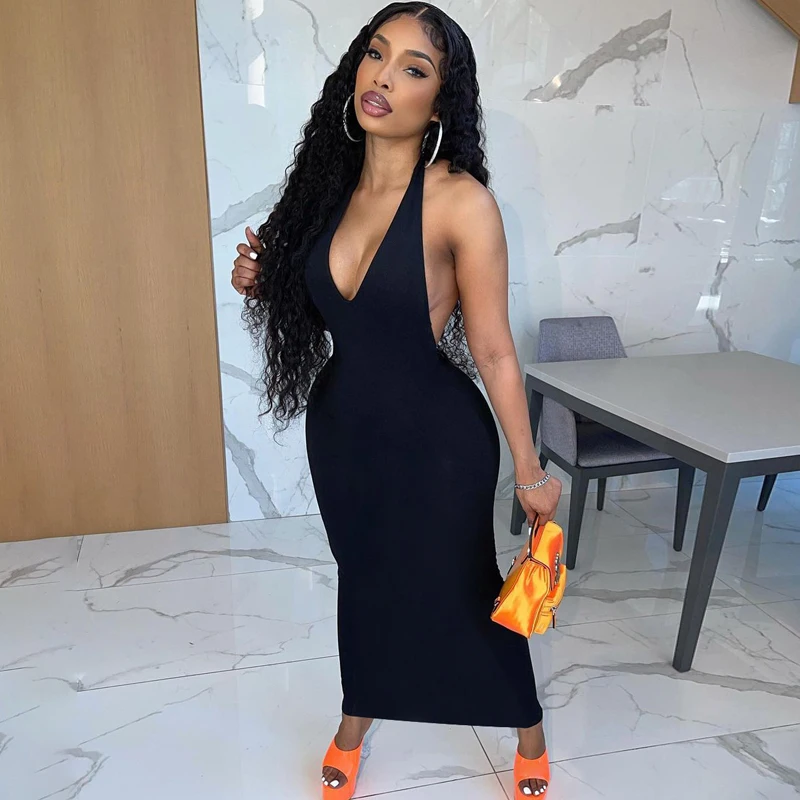 

Halter V Neck Midi Dress