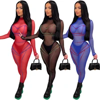 new women mesh see through jumpsuit sexy o neck stitching high waist slim party club jumpsuit wholesale