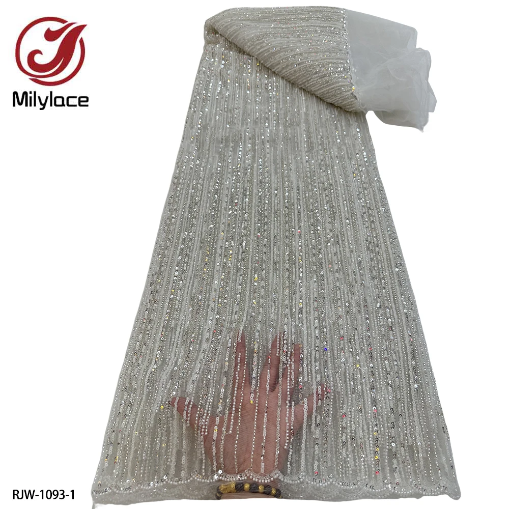 

Luxury Heavy Beaded Lace Fabric Handmade Sequins Laces French Net Tulle Lace Fabric for Wedding Dress 5Yards RJW-1093