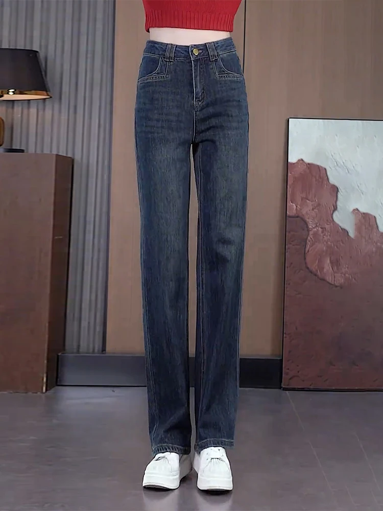 Узкие широкие джинсы больших размеров на флисовой подкладке женские с высокой