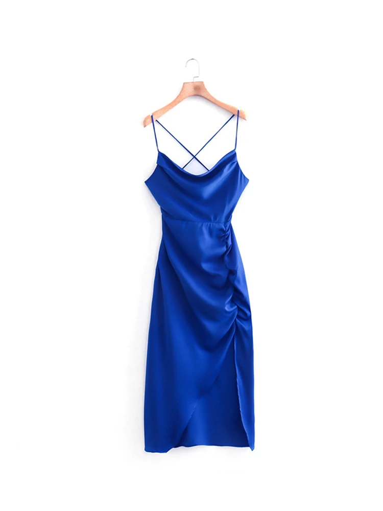 

Women Swinging Collar Blue Satin Dress Summer Spaghetti Strap Side Split Folds Slim Midi Dresses 2022