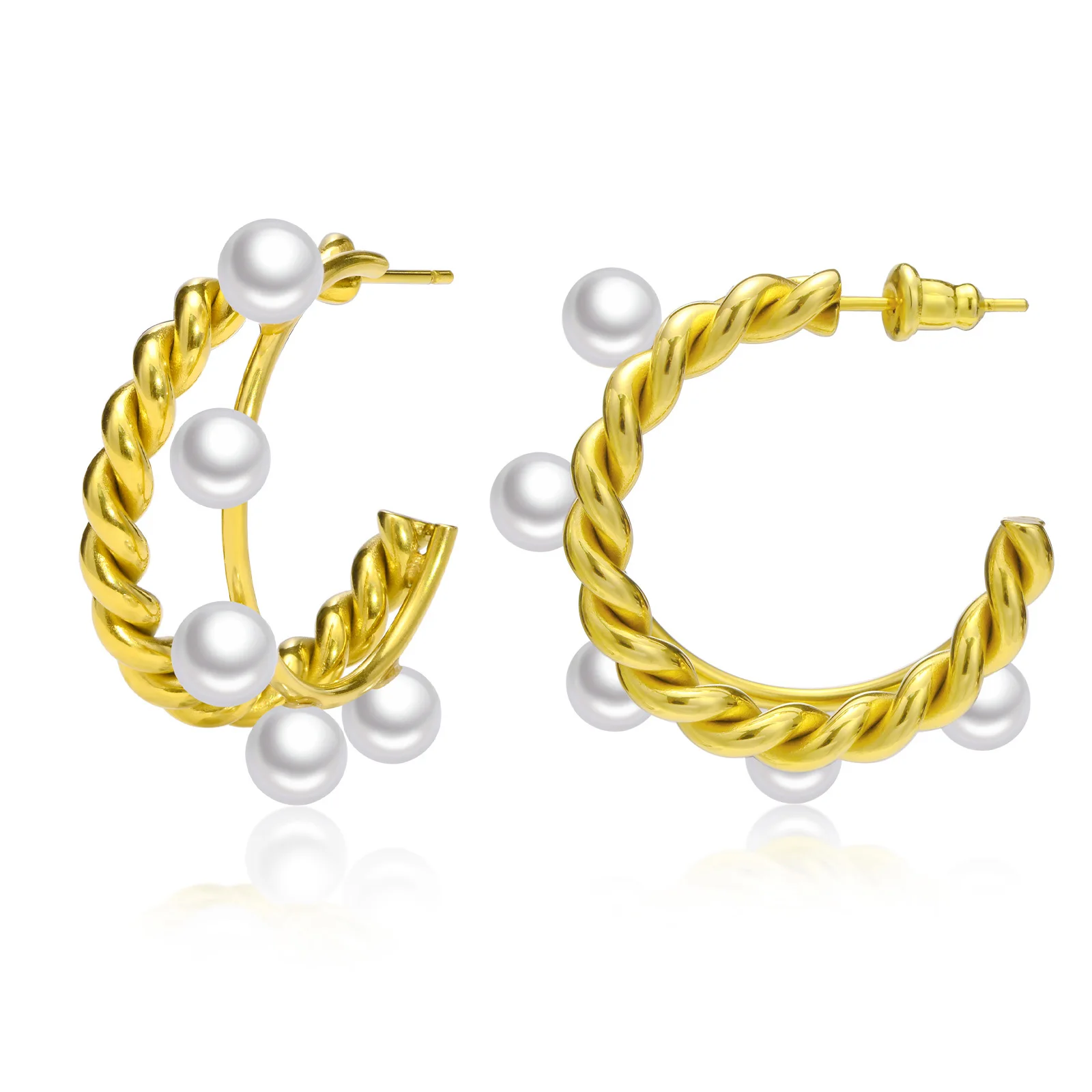 

Temperament Simulated Pearl Earrings for Women Ladies Party Jewelry, Gold Color Stainless Steel Twisted Round Hoop aretes