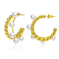 temperament simulated pearl earrings for women ladies party jewelry gold color stainless steel twisted round hoop aretes