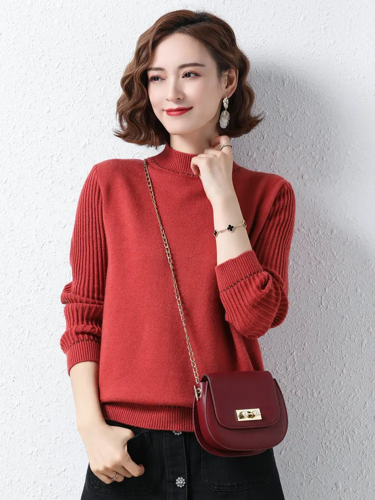 

2022 Spring Women Soft Cozy Pullover Sweaters Yellow Black Red Camel Mock Neck Long Sleeve Knitting Top Lady Knitwear Pull Femme