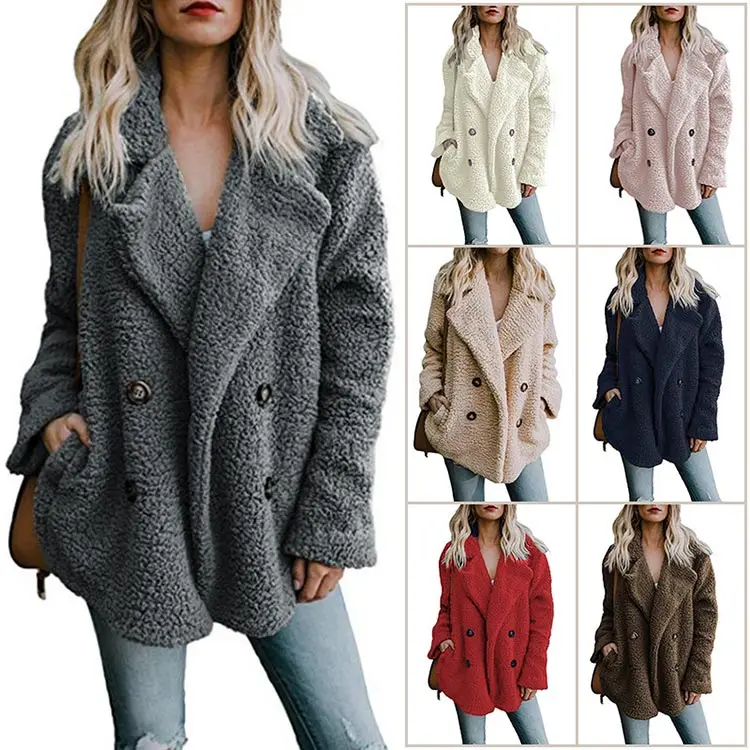 2023 Autumn and Winter Fashion Women Jacket  New Plush Buttons Lapel Pocket Double Breasted Sweater Lapel Loose Fur Coat Women