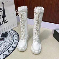 2022 new winter knight boots lace up side zipper knee length long tube flat bottom thick bottom black white large size 43