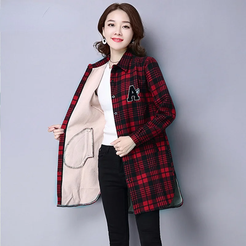 

Winter Plaid Shirts Warm Tops Women Long Sleeve Velvet Thick Shirt Female Casual Jacket Plaid Thicken Blouse Jacket embroidery