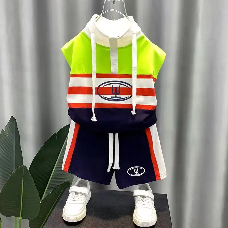 Children's Set Boys and Girls 2023 Summer New Stripe Sleeveless T-shirt Shorts Two Piece Baby Sports Casual Cool Set 2-9Y
