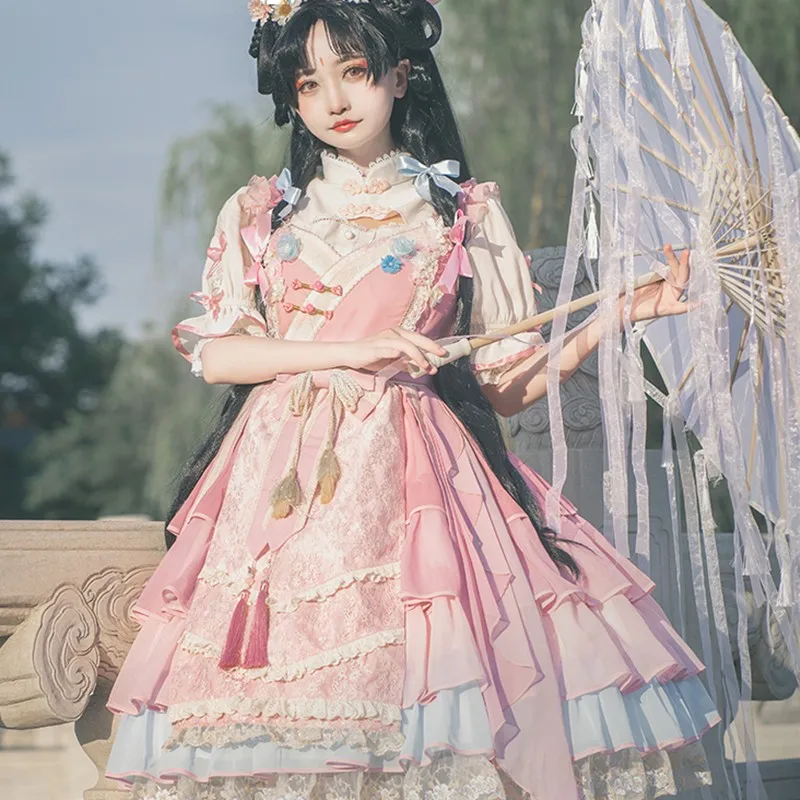 

Vintage Palace Princess Hanfu Chinese Traditional Luxury Lolita Jsk Flower Lace Hem Retro Kawaii Tea Party Women Straps Vestido