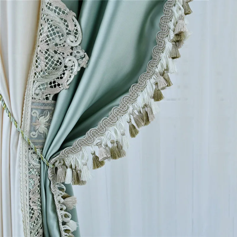 

French Retro Villa Imitation Silk Curtain American Light Luxury Lace Stitching Tassel Blackout Curtains For Living Room Bedroom