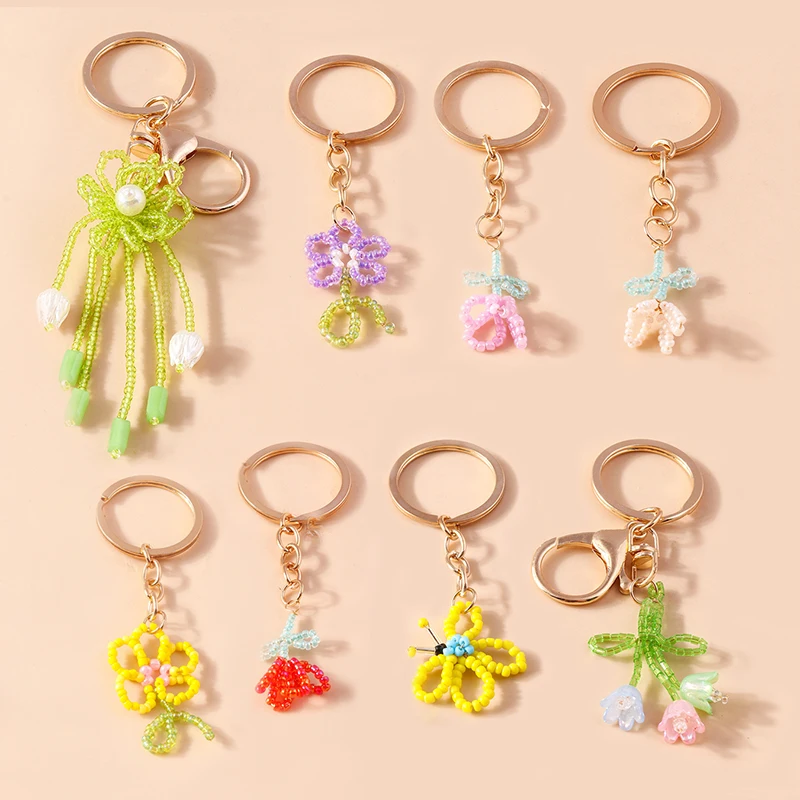 

Handmade Colorful Butterfly Flower Keychain For Women Bohemia Seed Beads Crocheted Flower Car Key Ring Handbag Charms Gifts