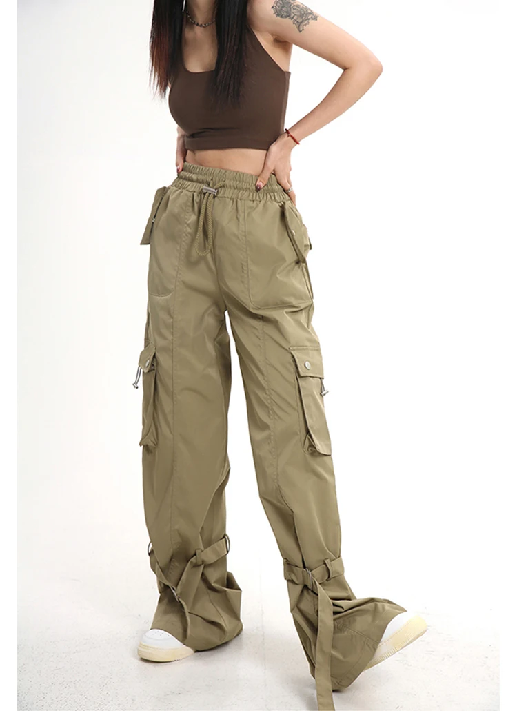 Vintage multi-pocket overalls Women Clothing Straight Baggy Cargo Pants Streetwear Hip-hop Trend Elastic Waist Leg Trouser