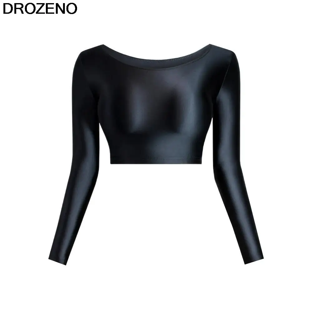 Stretch Sports Glossy Silky Bottoming Yoga Women's Thin Tight Midriff-Baring Long Sleeve Top