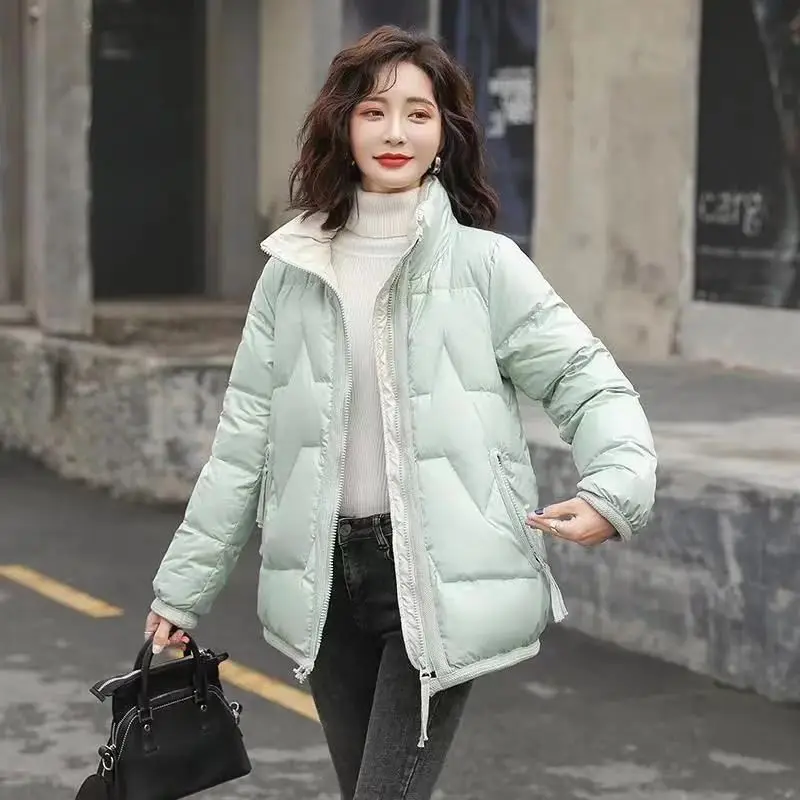 Women's Short Plus Velvet Thick Jacket Korean Style Loose Stand Collar Coats Shiny Cotton Down Padded Pocket Keep Warm Jackets