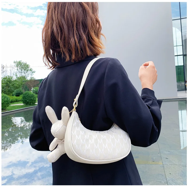 Cute Muppet Rabbit Pendant Texture Printed Crescent Bag Personality Fashion Small Bag New Simple Shoulder Bag
