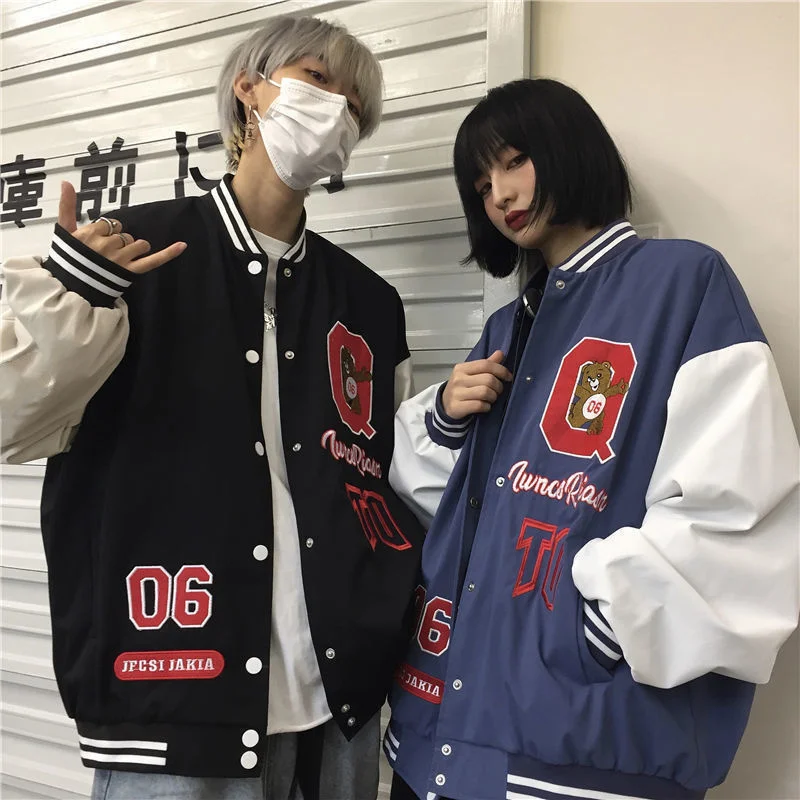 

New Spring Autumn Vintage Bear Letters Baseball Jacket Coat Women Harajuku Korean Style Loose Outerwear Cool Girls