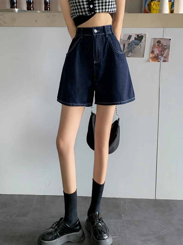 New Summer Women Wide Leg Straight Blue Denim Shorts Streetwear Female High Waist Button Loose Jeans Shorts Bottoms