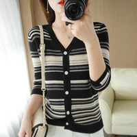 new womens three quarter sleeve wool cardigan fashion all match striped sweater trend leisure vacation office top coat
