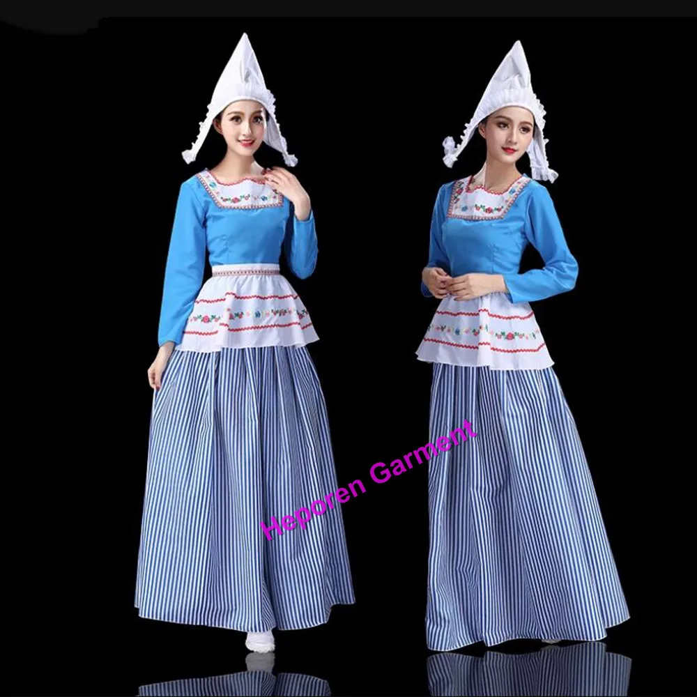 Customized Spring And Autumn Women's Blue Dutch Ethnic Long Skirt Suitable for Stage Performances Or Runway Opening Shows