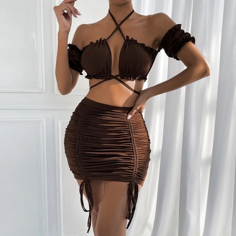 Women Sexy Party Dress Two Piece Set Hollow Out Pleated Bandage Skirts Backless Cross Collar Tank Tops Ladies Holiday Outfits