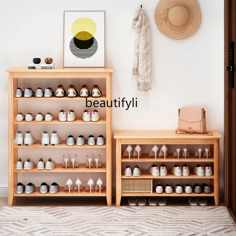 

HJ Solid Wood Shoe Rack Entrance Shoe Cabinet Indoor Multi-Layer Dustproof Household Shoe Changing Stool