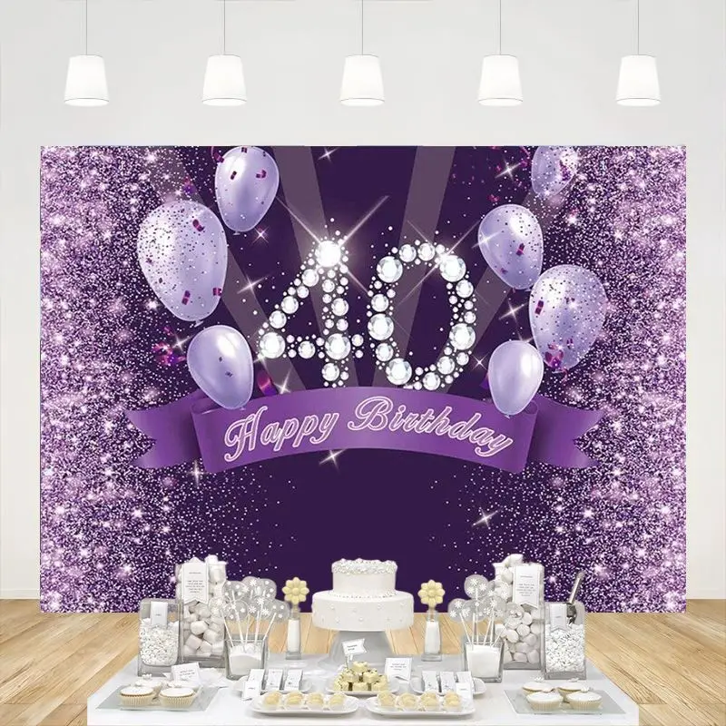 

Glitter Purple Balloons Happy 40th Birthday Party Backdrop Women Forty Years Old Photo Background Decoration Banner Studio Props
