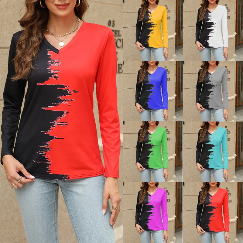 

2023 Autumn/Winter New V-neck Women T Shirt Contrast Print Long Sleeve T-shirt Top