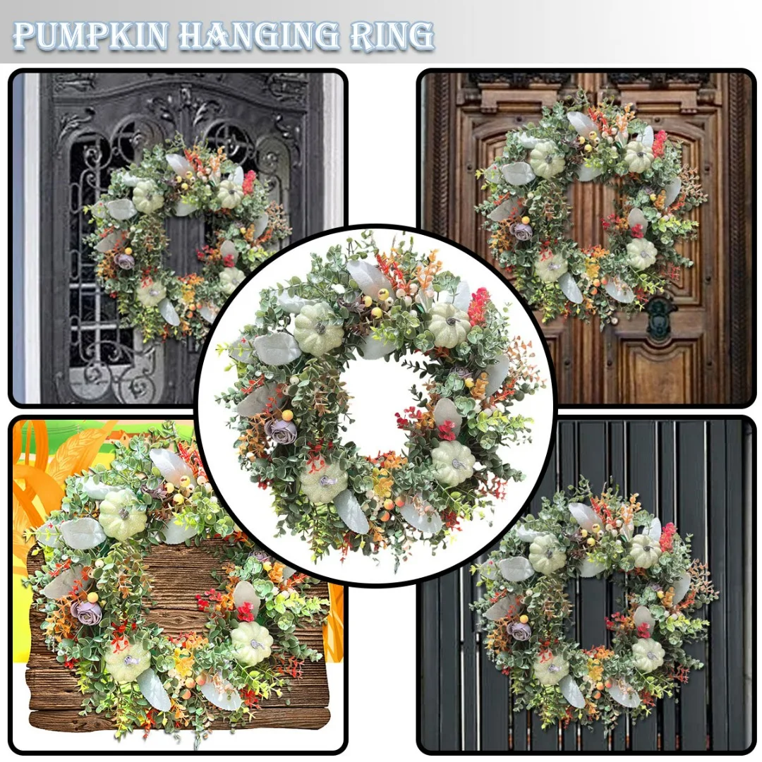 

Artificial Pumpkin Eucalyptus Leaves Wreath Fall Door Floral Wreath Festival Handmade Decoration Wreath For Home Wedding Decor