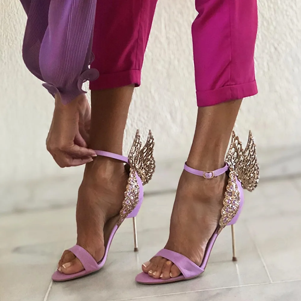 

Roni Bouker Fashion Design Handmade Shoes Women Butterfly High Heels Lady Angel Wing Heel Shoe Woman Strappy Gold Sandals