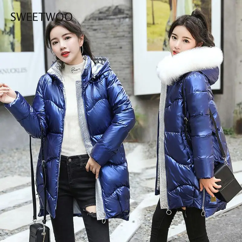2021 Winter Jacket Women's Parkas Hooded Big Fur Collar Down Cotton Jacket Glossy Long Parka Thick Padded Female Casual Outwear