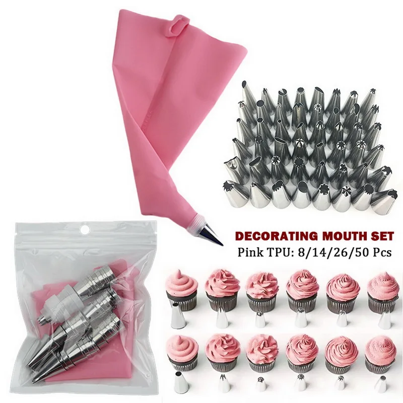 

8/14/26/50 Piece Cake Decorating Tools DIY Baking Cream Decorating Supplies Reusable Silicone Pastry Bags Stainless Steel Spout