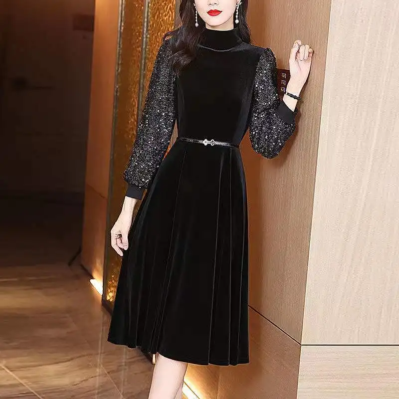

Spring female dress 2022 new small fresh small tattoo waist striped long sleeve shirt fake two o neck long sleeve dress clothing
